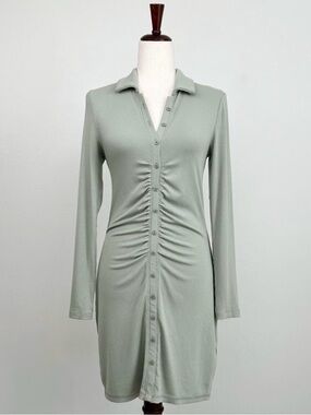 Abercrombie & Fitch Sage Green Ruched Collar Button Front Rib Knit Dress XS